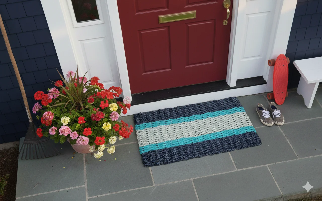 Lobster Rope Doormats of Florida in 2 Navy-2 Teal-1 Seafoam