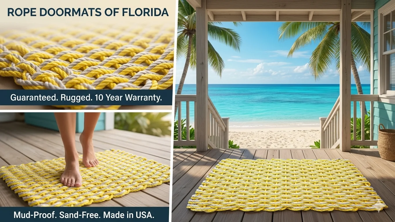Lobster Rope Doormats of Florida Yellow-Light Tan being used on the beach