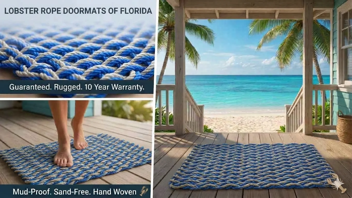 Royal blue and gray double-weave lobster rope doormat