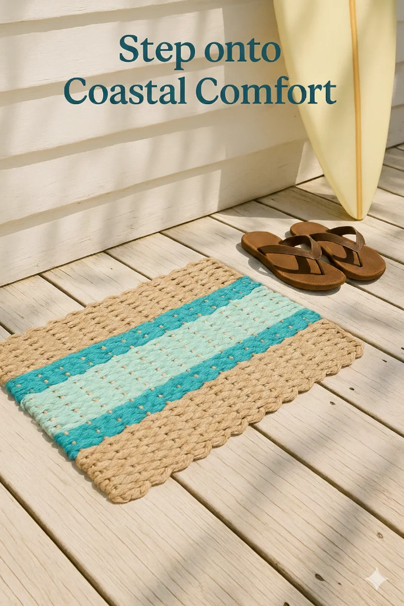 Lobster Rope Doormats of Florida in 2 Light Tan-2 Teal-1 Seafoam