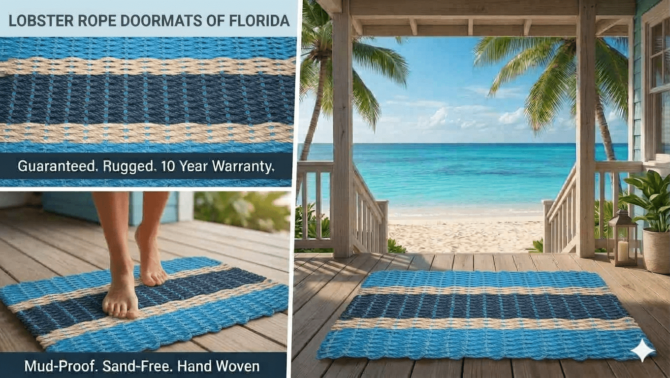 Lobster Rope Doormats of Florida Light Blue Light Tan Navy Stripes