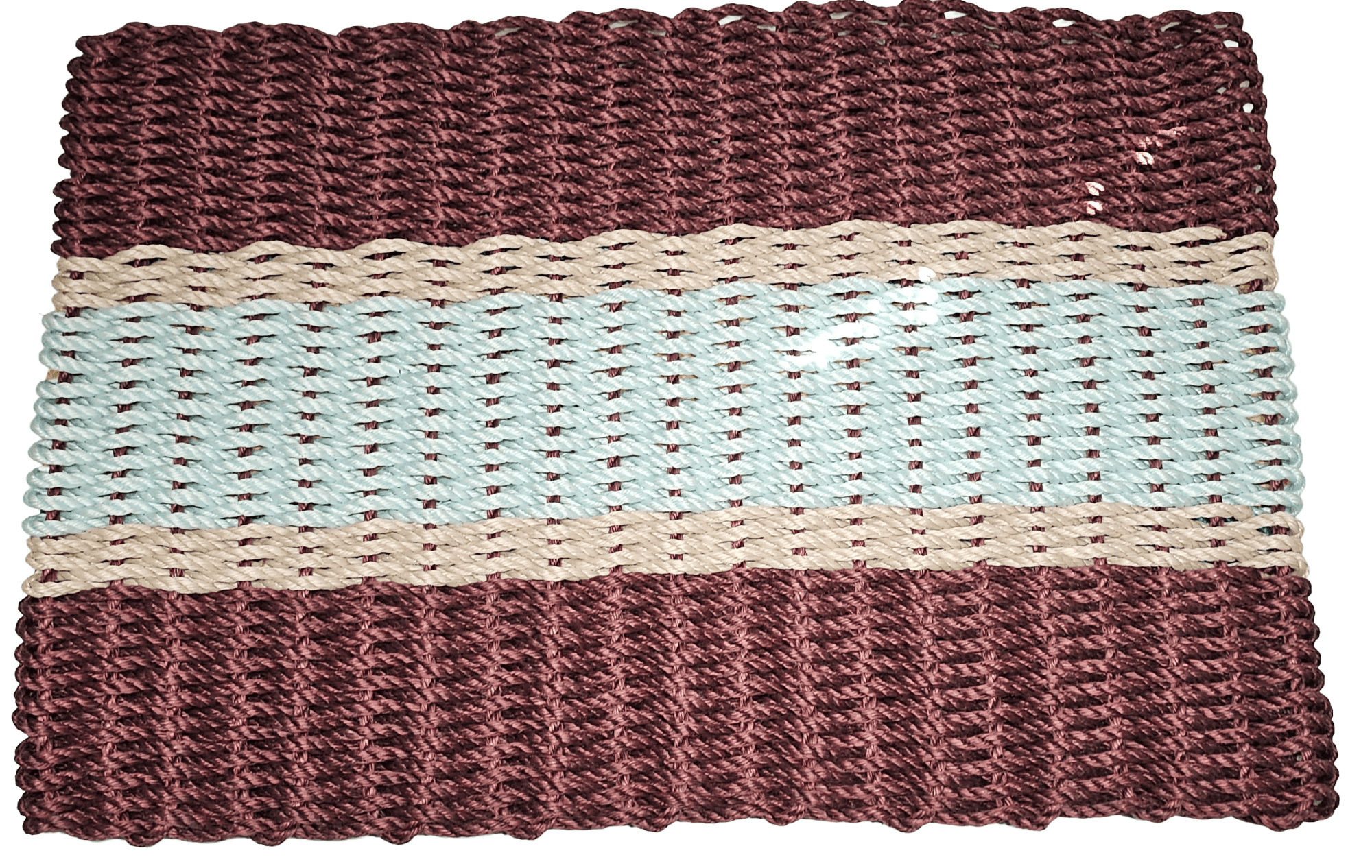 2 Burgundy 2 Light Tan 1 Seafoam striped handwoven lobster rope doormat