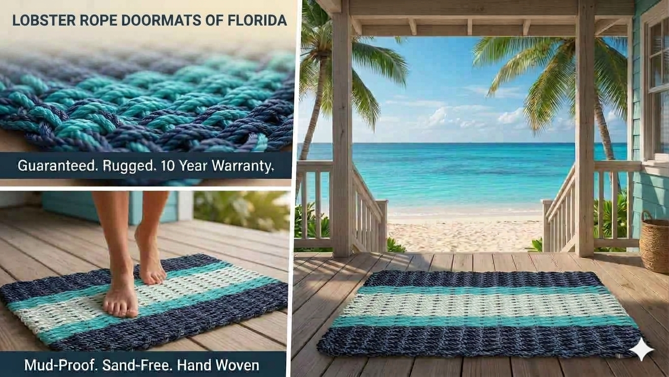 Lobster Rope Doormats of Florida #813 2 Navy 2 Teal 1 Seafoam